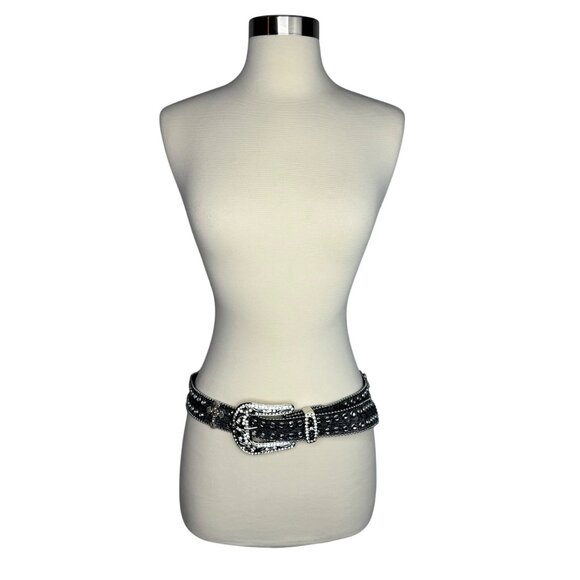 VTG Black Leather Belt Rhinestone Buckle and Crosses Witchy Goth Vampire Diaries - Picture 2 of 11